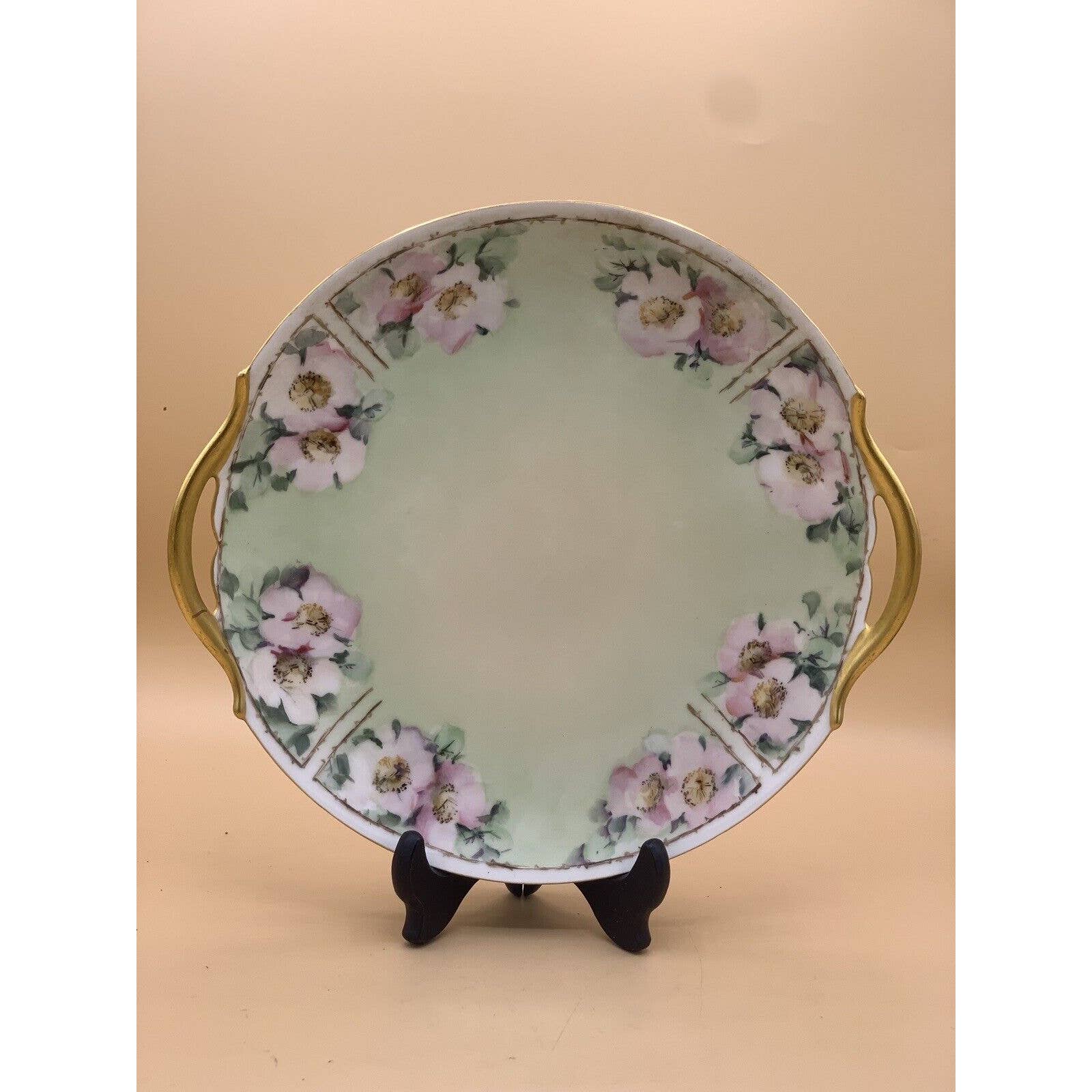 Limoges France Green Cake Plate In Flower Pattern With Gold Trim Pierced Handles