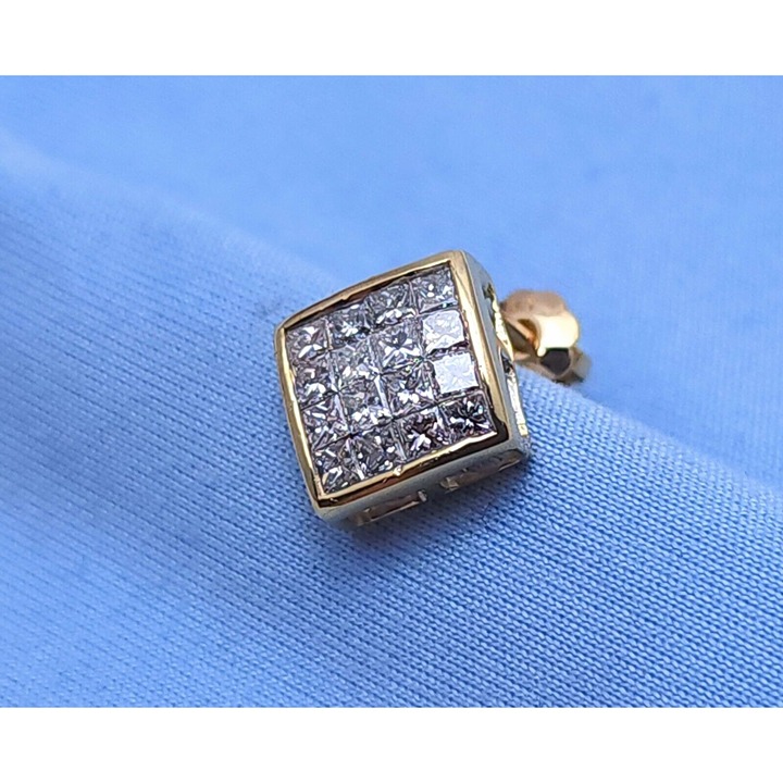 Single 14K Solid Yellow Gold Square Shaped Princess Cut Diamond Stud Earring