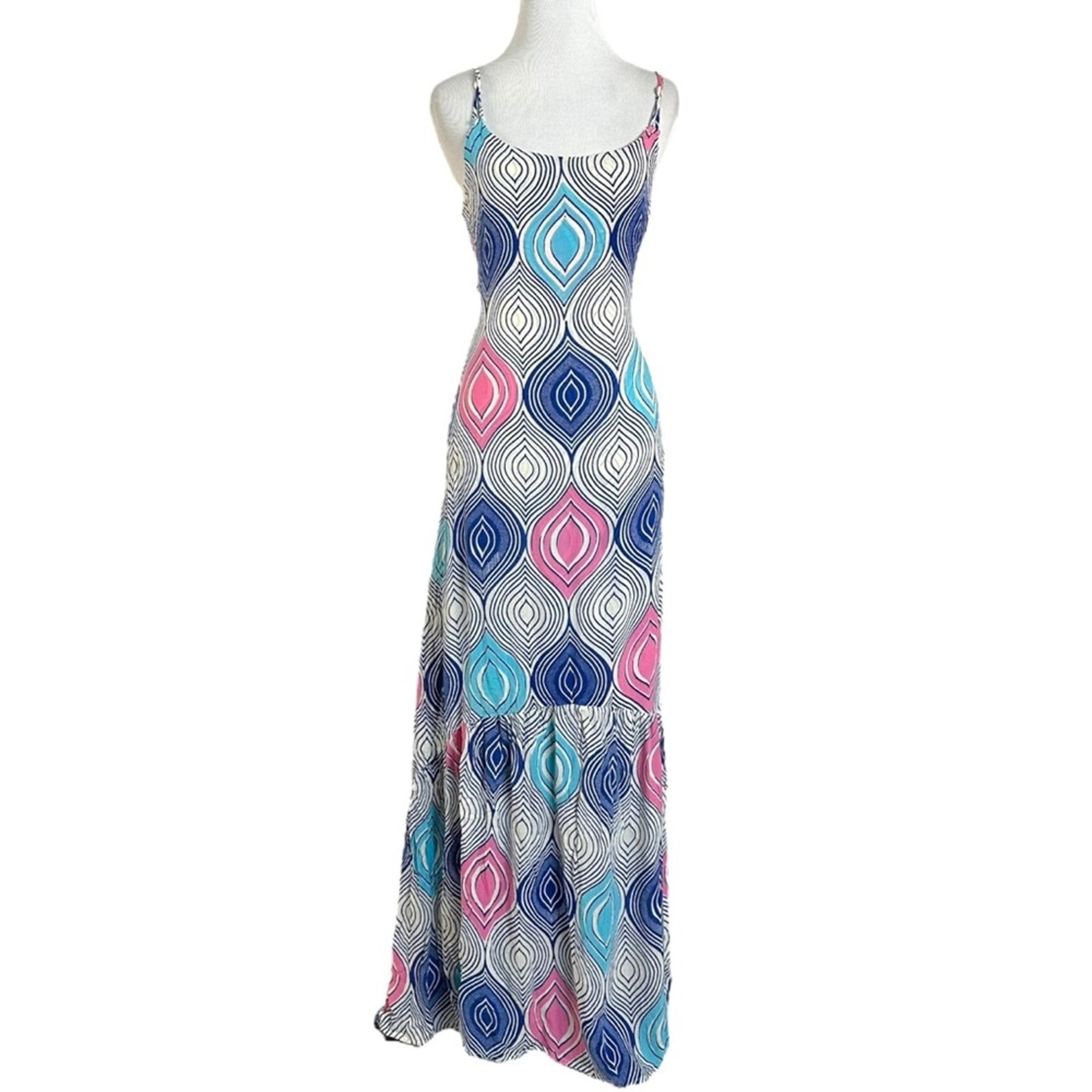 Indah Bohemian Beach Ruffled Tiered Halter Maxi Dress Shell Tassels Open Back S