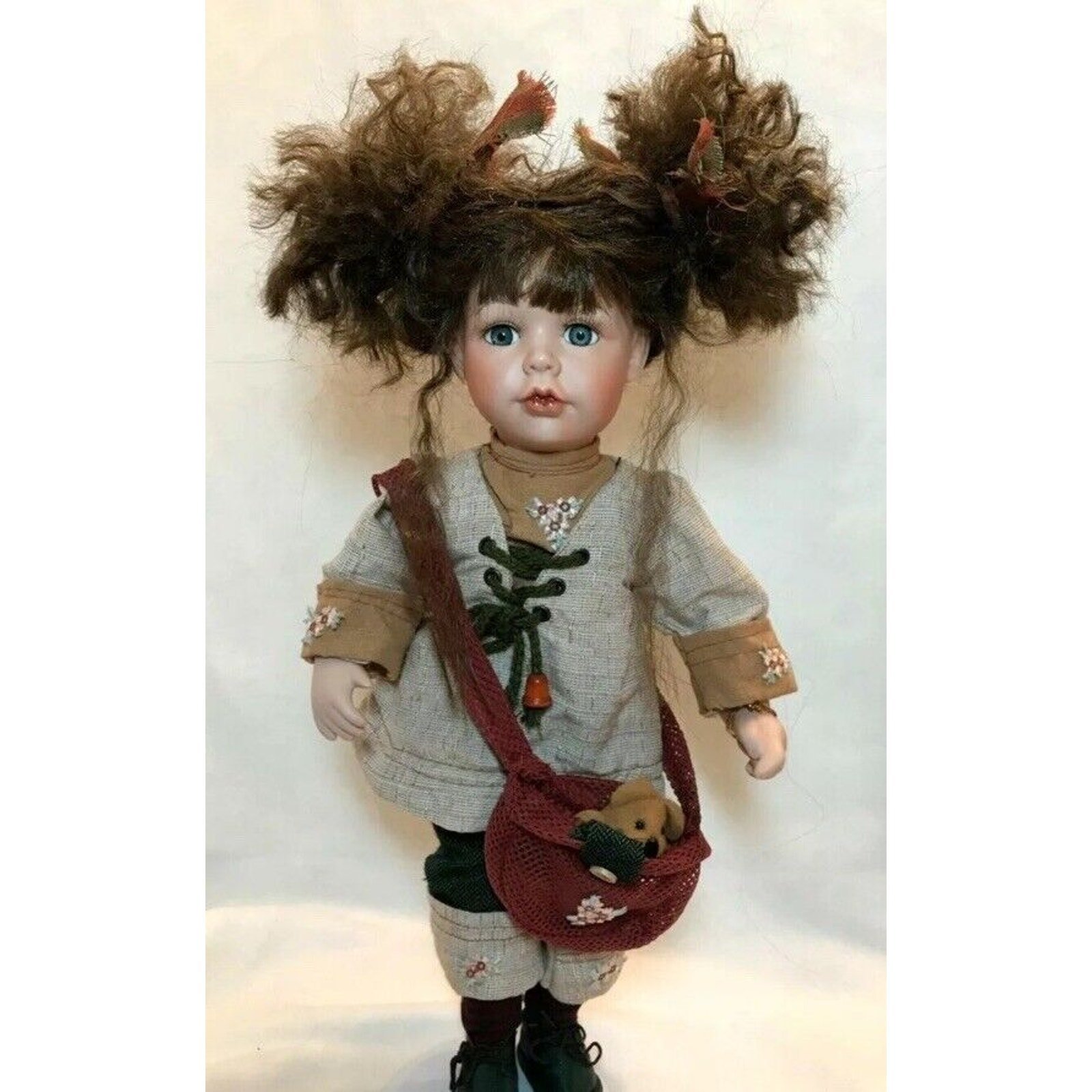 Vintage Show-Stoppers Porcelain Doll Wooden Stand Boho Teddy Bear & Bunny Cute