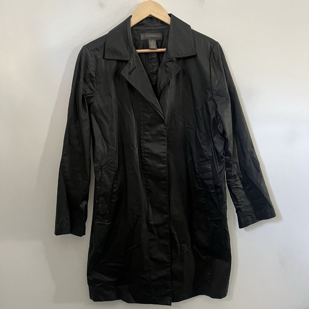 Vintage Banana Republic Jacket Medium Black Waxed Coated Cotton Biker Retro Goth