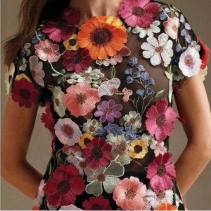 NWT Anewsta Black Sheer Short Sleeve Shirt Floral Applique Pink Orange Yellow XL