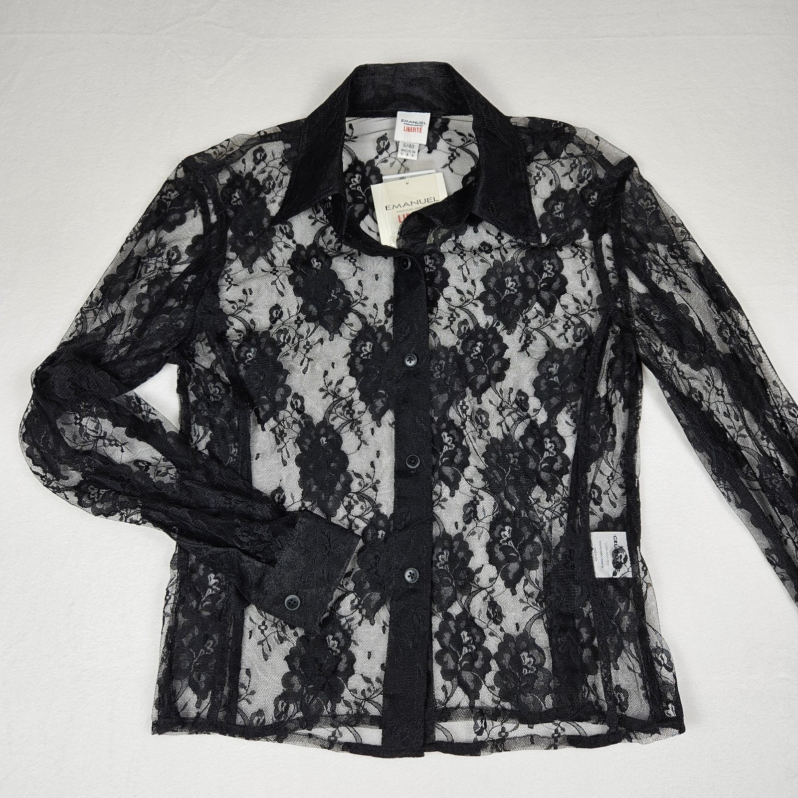 Y2K Emanuel Ungaro Sheer Floral Blouse 90s Black Embroidered Roses USA Womens 6