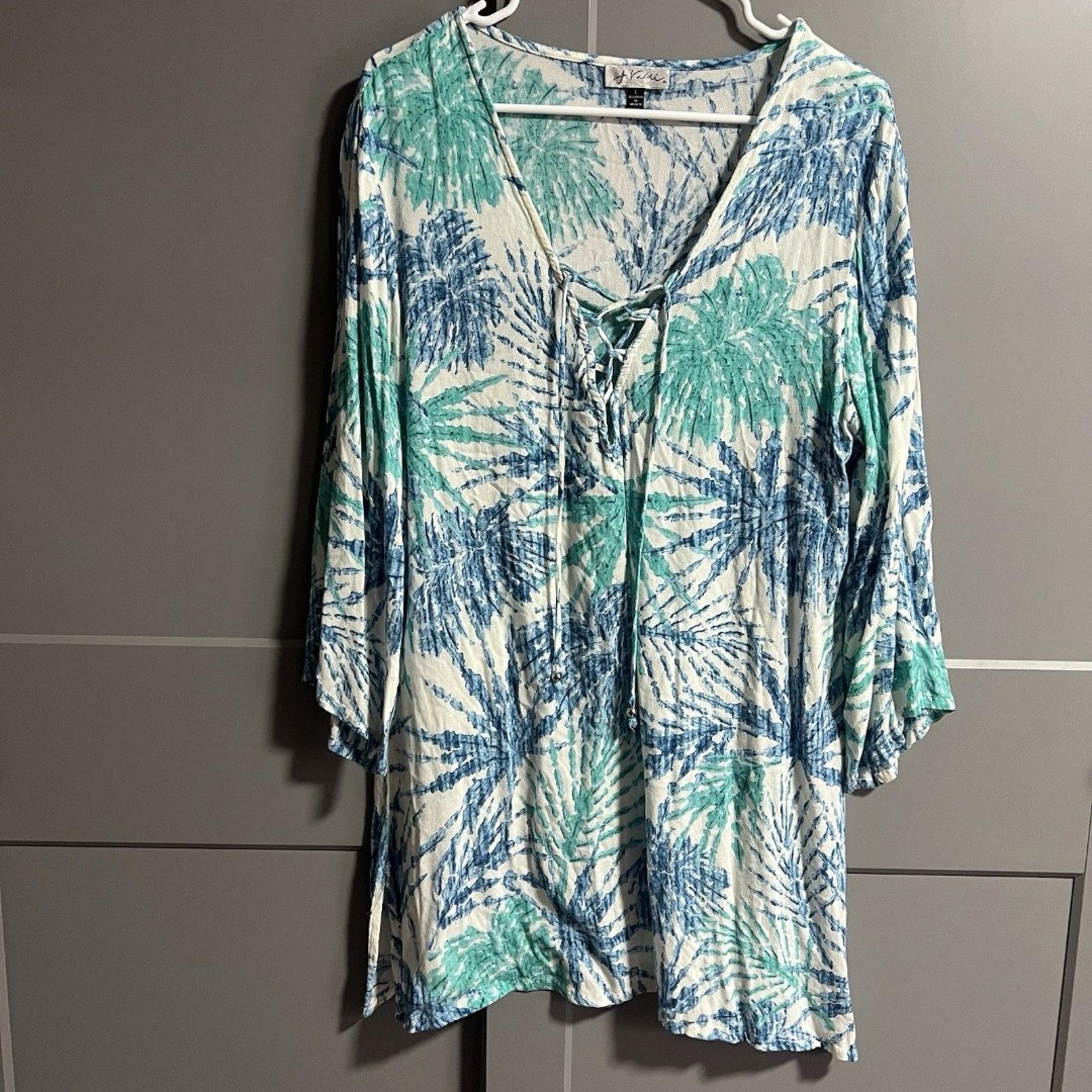 J. Valdi Women Long Sleeve V-Neck Tassel Swimsuit Coverup Leaf Print Large