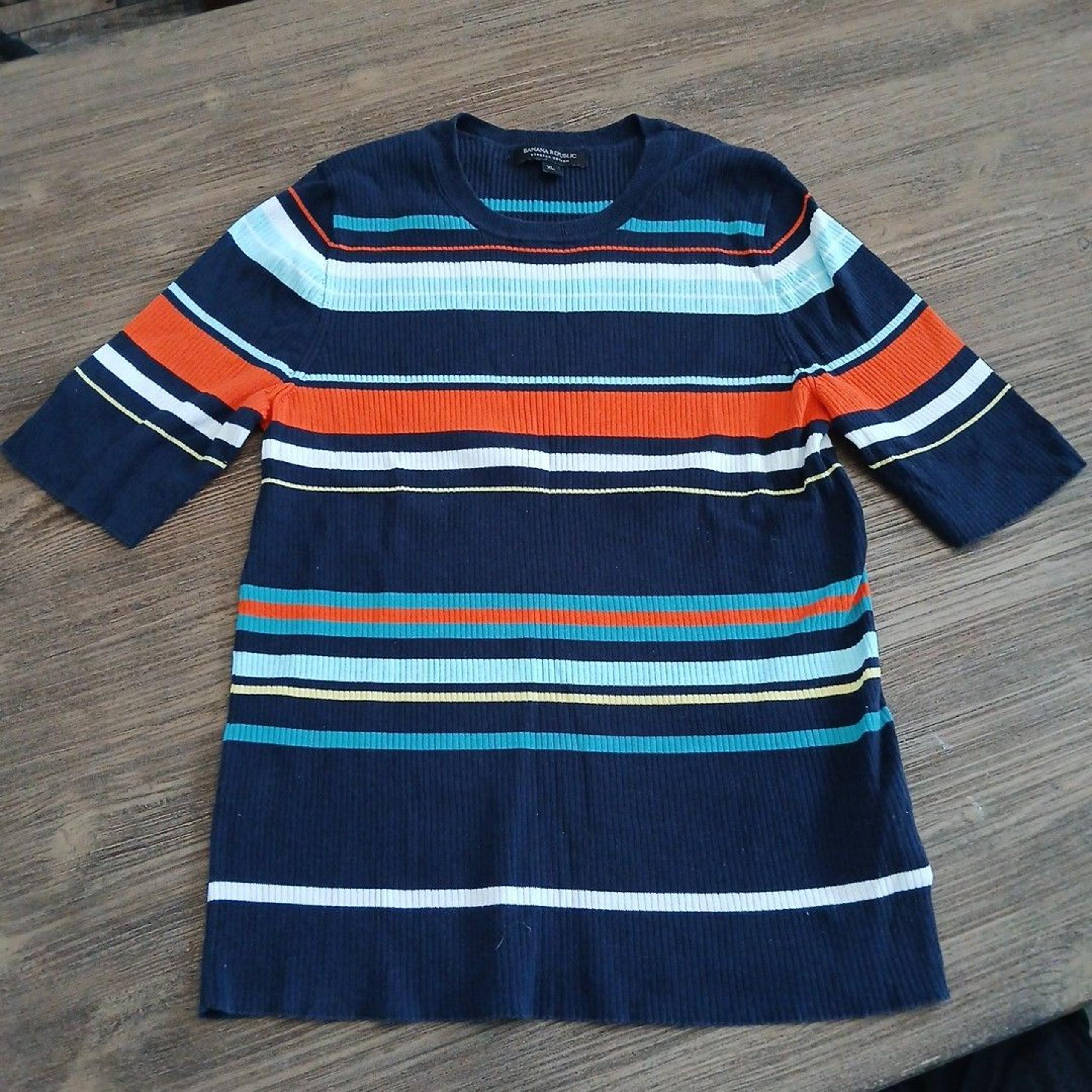 Banana Republic Womens XL Stretch Sweater Ribbed Stripes Short Sleeve Preppy