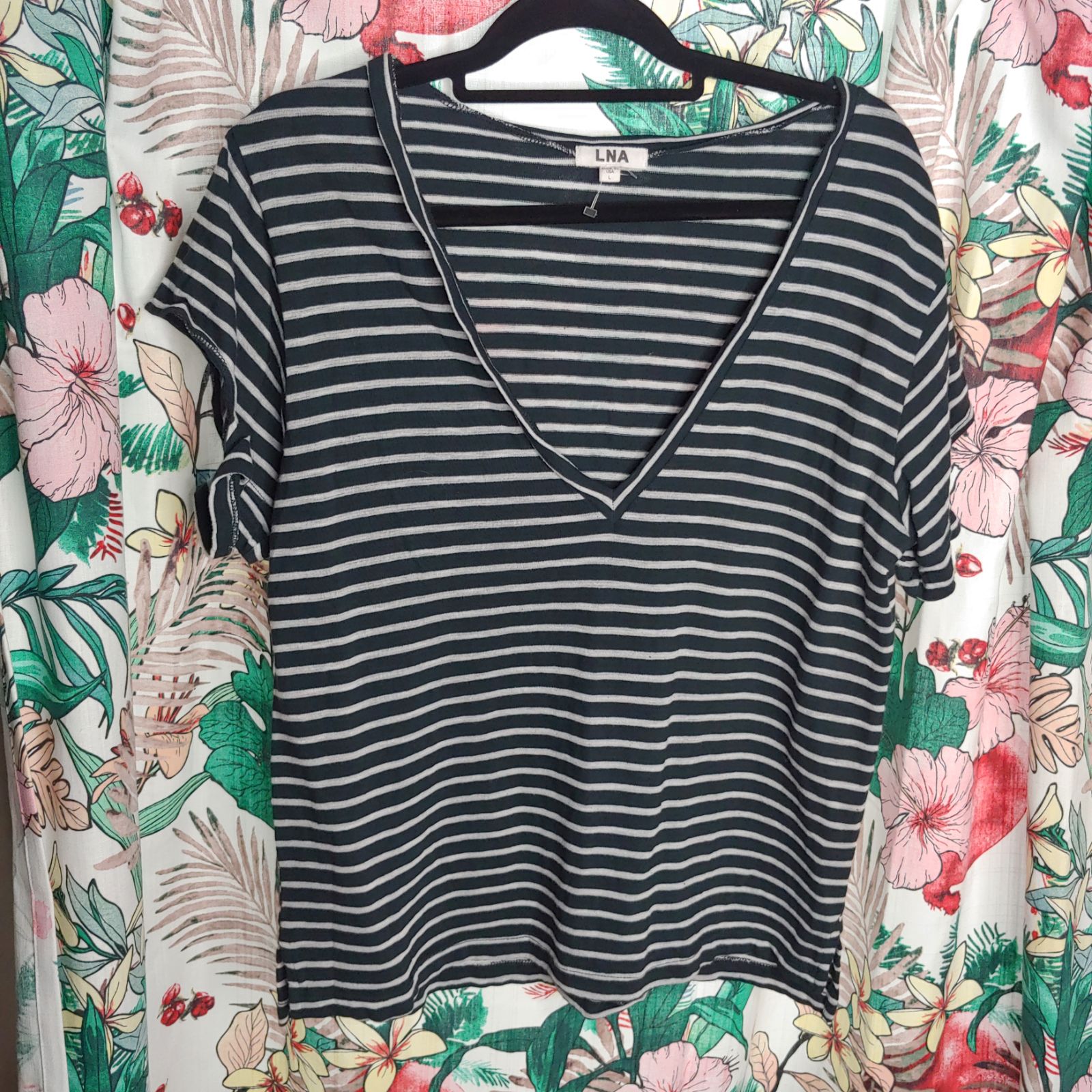 Lna white black cotton short sleeve cut out sleeve large usa made t-shirt