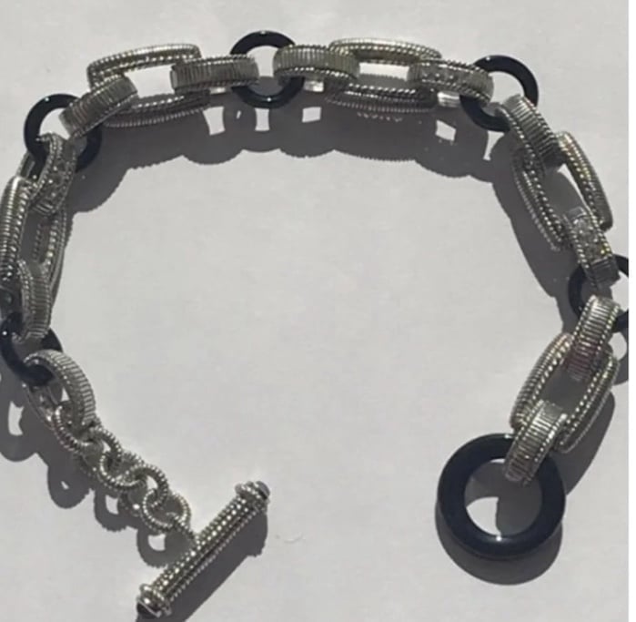 Judith Ripka Sterling Silver 925 Black Onyx CZ Amethyst Chunky Link Bracelet