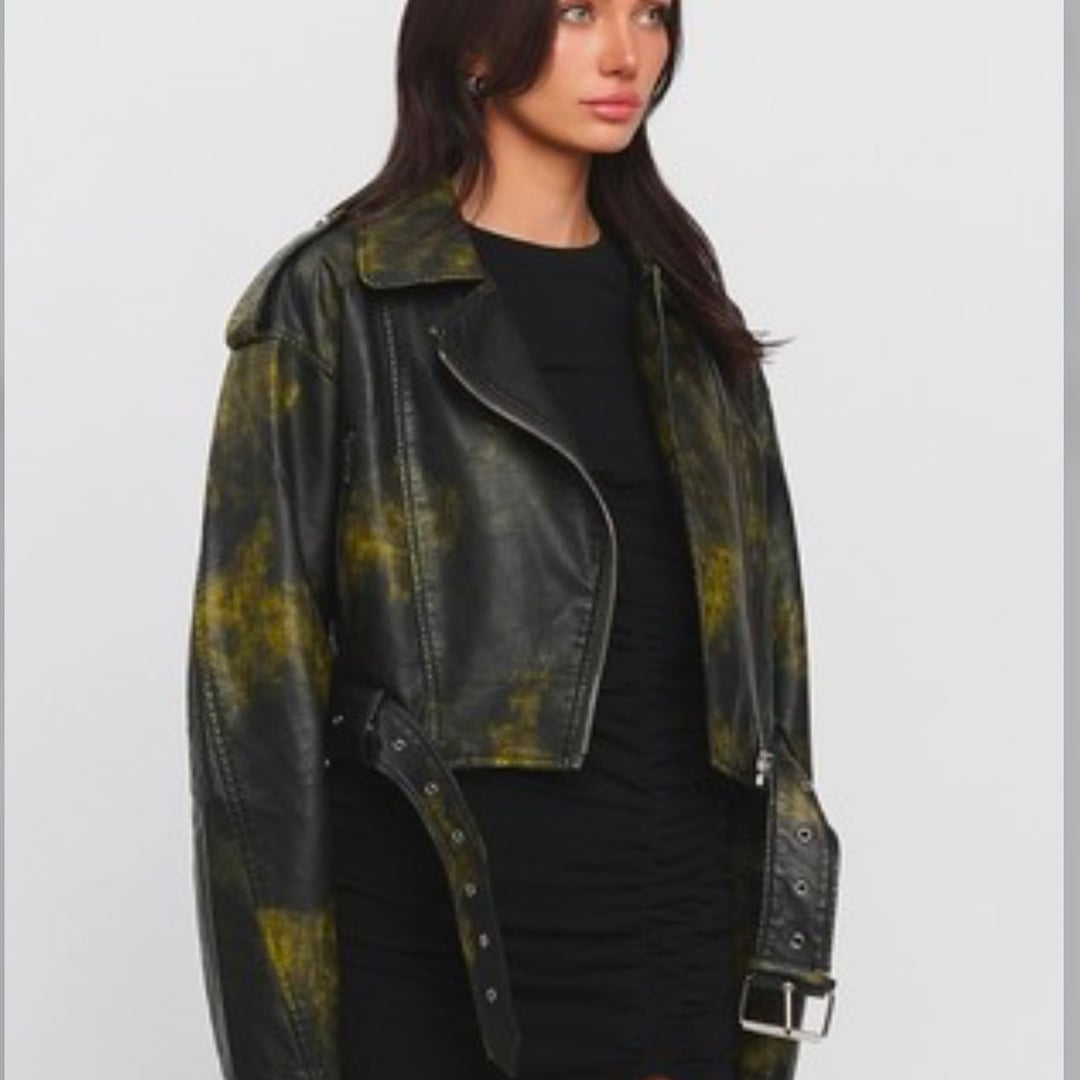 Acid Wash Pleather Moto Jacket Size L NWT