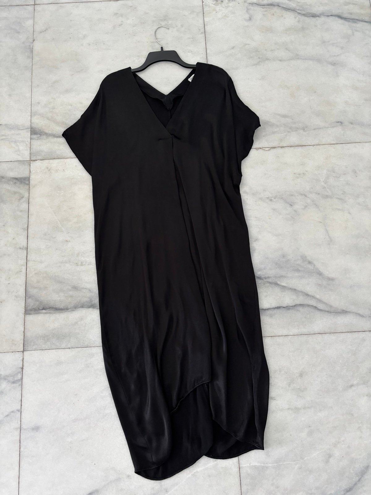 Zara Satin Effect Tunic Dress Black Maxi V Neck Womens M/L Lagenlook