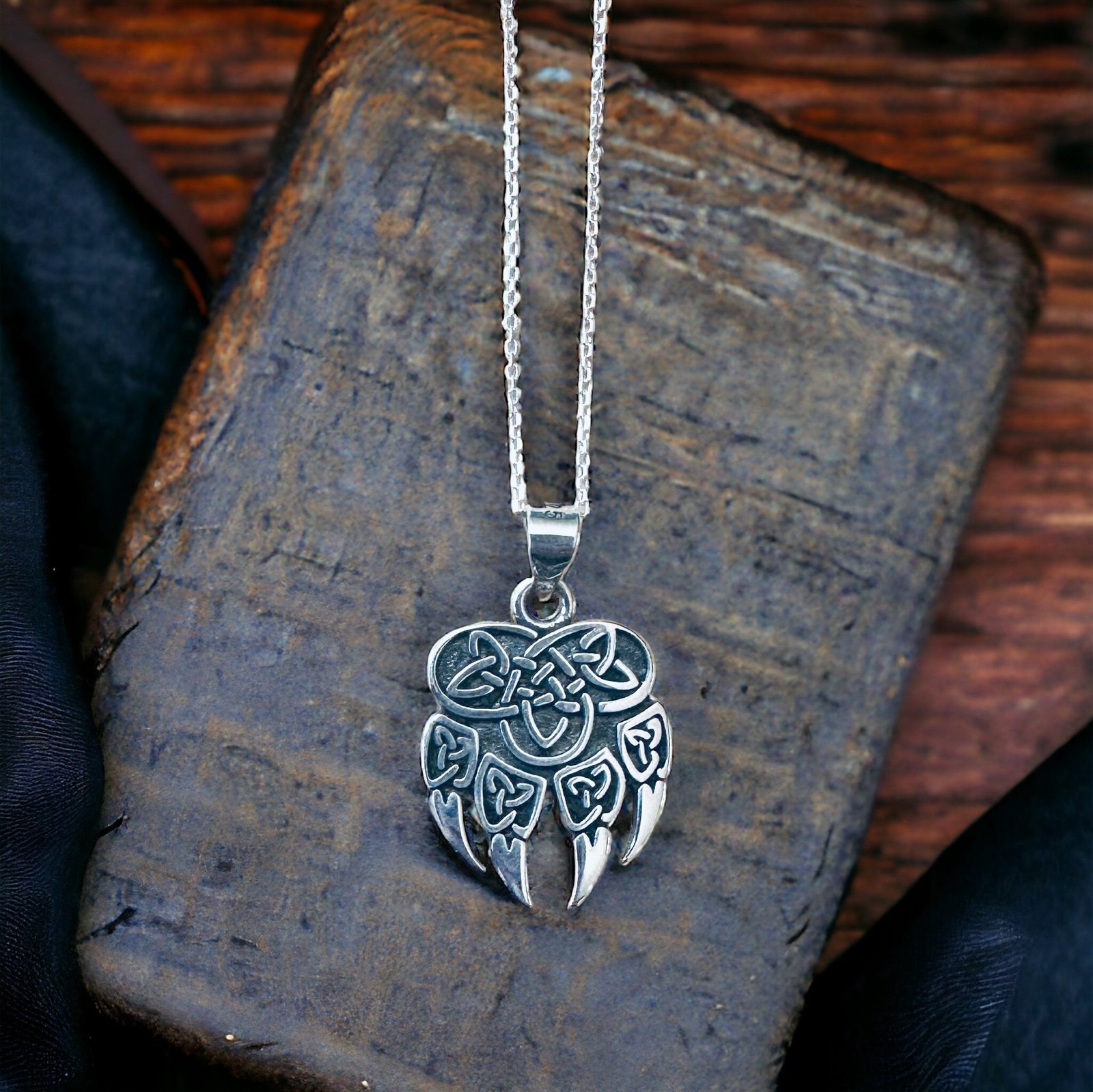 Sterling Silver 1” Solid Celtic Bear Claw Pendant Necklace