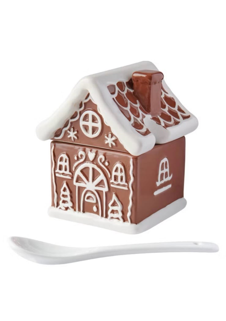 Aldi Merry Moments Ceramic Gingerbread Sugar Bowl With Spoon.