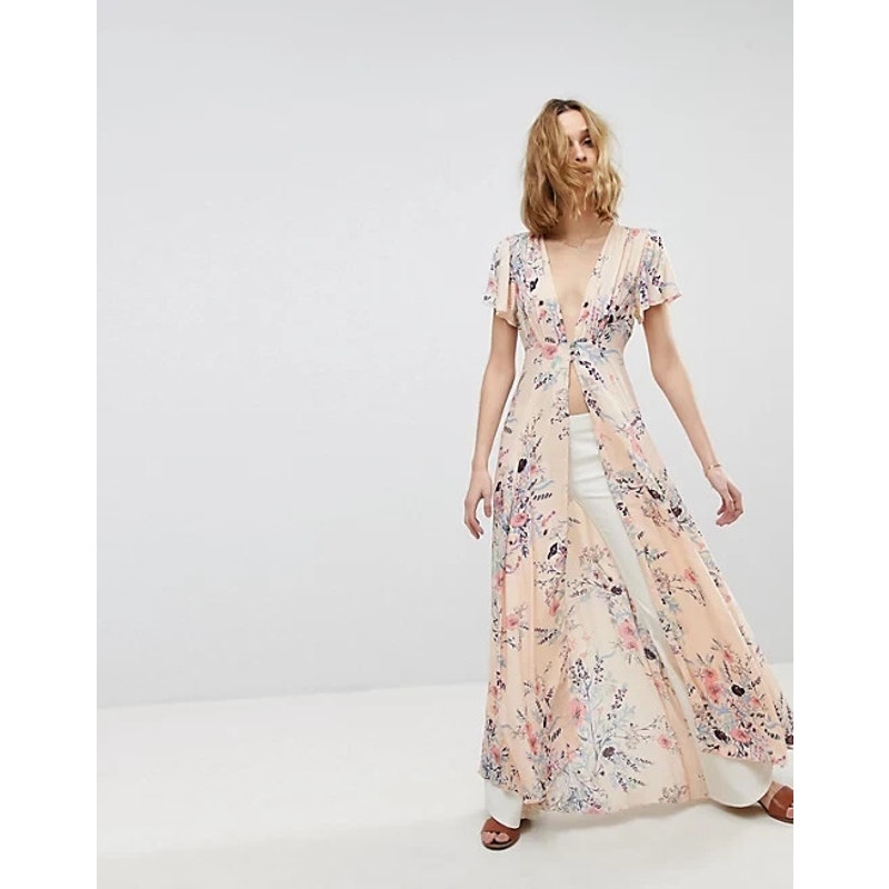 Intimately Free People Delicate Pink Floral Button Top Long Beautiful Kimono XS