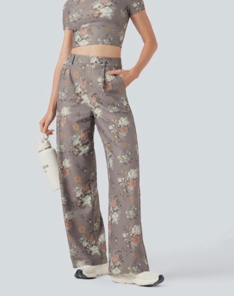 Halara X Yukiko High Waisted Straight Leg Floral Print Casual Pants with Pockets