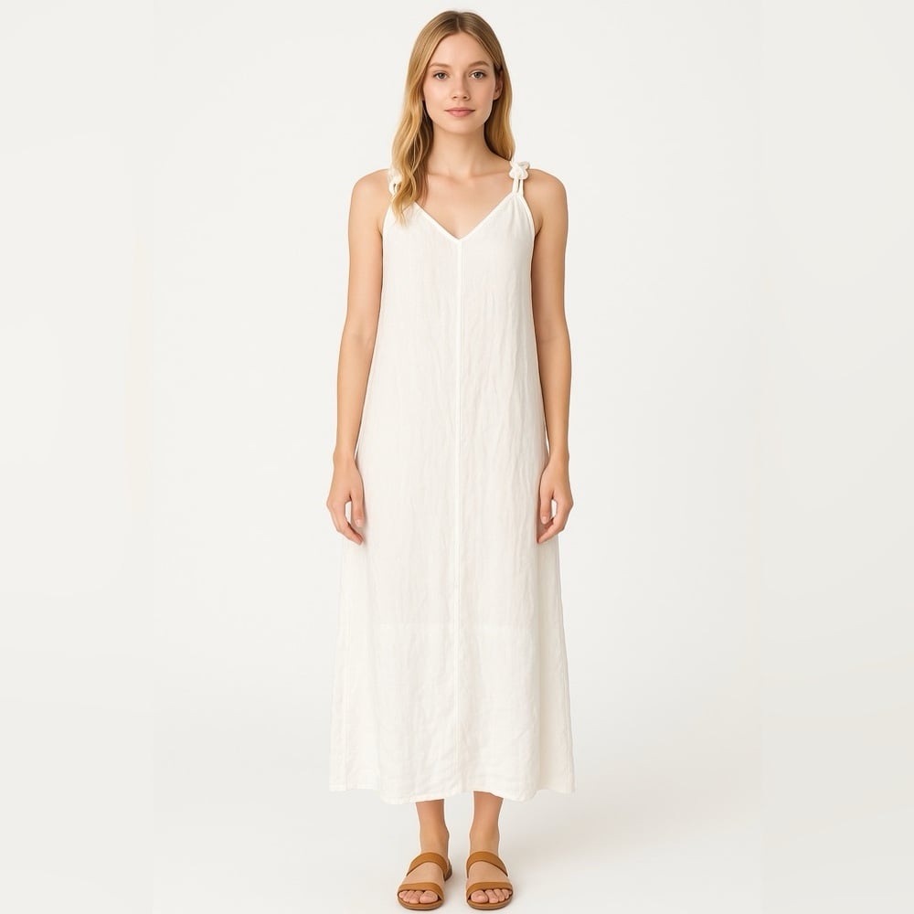 Rachel Zoe 100% Linen White Sheer Racerback Maxi Dress Braided Strap Slits M
