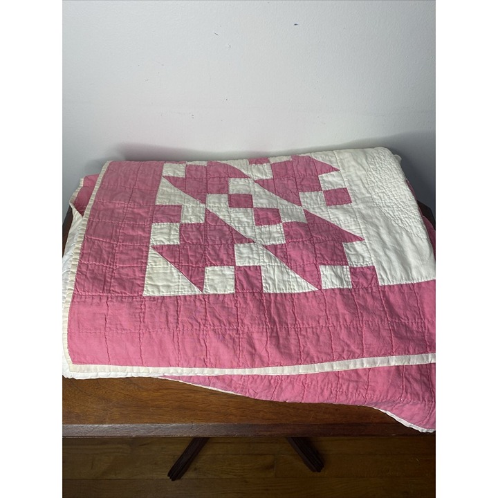 Vintage Handmade Amish Patchwork Quilt Diamond 84 x 75 White Pink Handmade