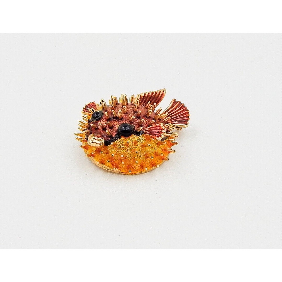 Trifari Gold-Tone Red Black Enamel Blowfish Spiked Brooch Pin