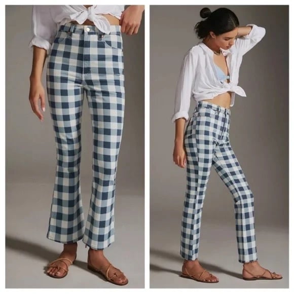 Wrangler x Anthropologie Blue Plaid High Rise Kick Flare Jeans sz 24