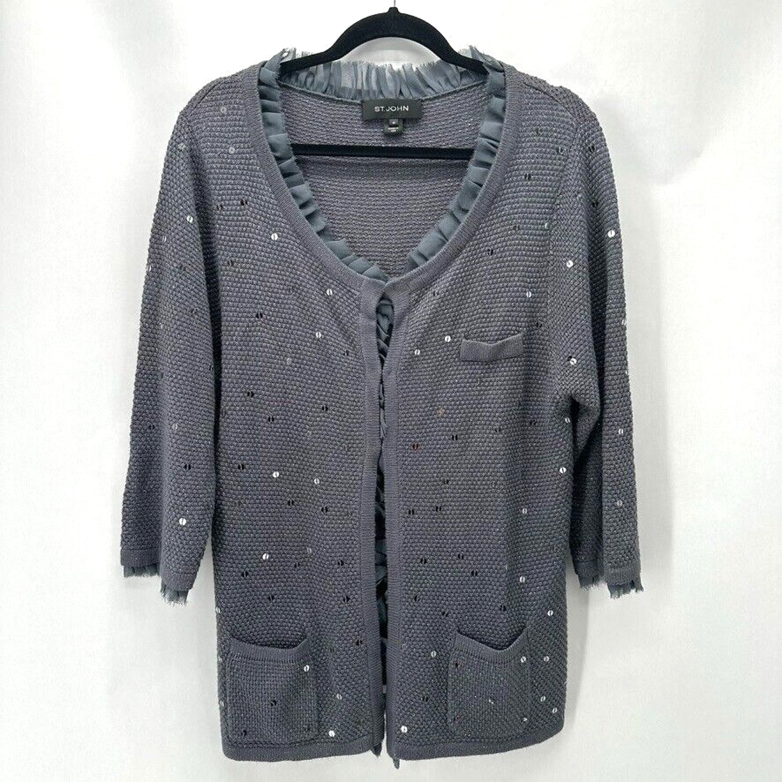 St. John Santana Knit Cardigan Womens 10 Gray Raw Silk Trim Sequin Embellished