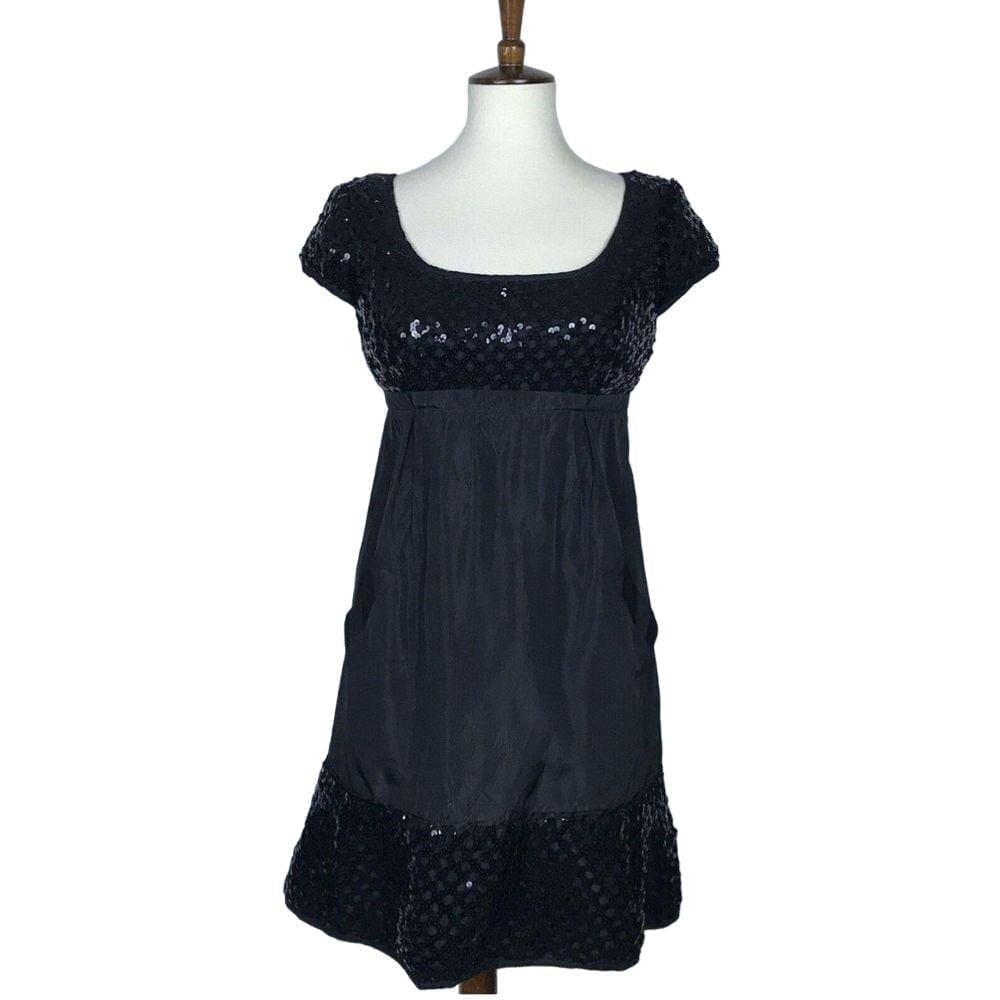Vintage 90s Betsy Johnson Made in USA babydoll sequin black dress, LBD, size 6