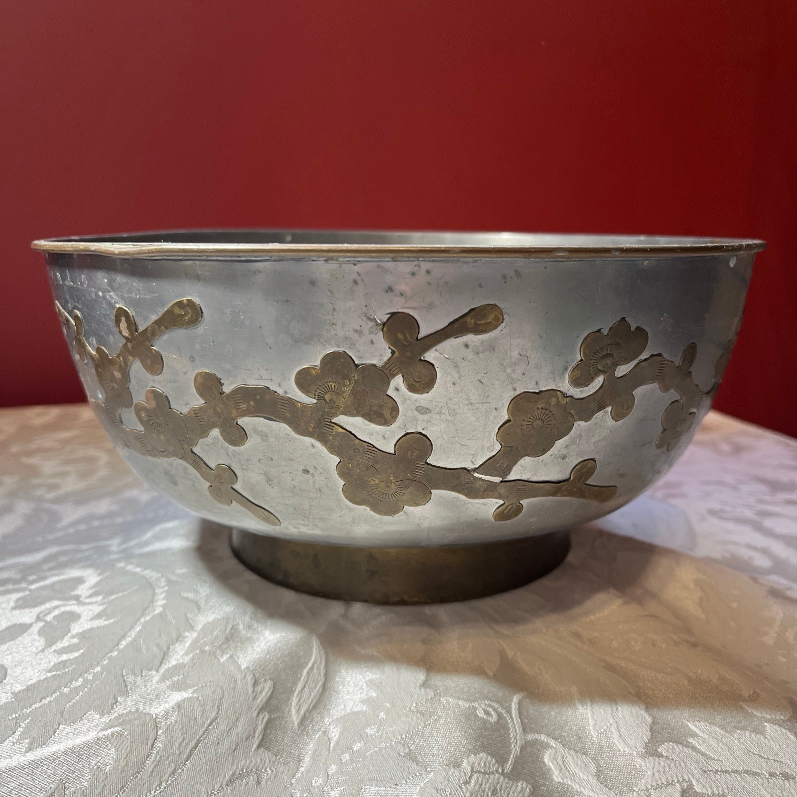 Bowl Chinese Pewter Brass Bowl 10"x5" Made in Hong Kong for Gump's San Francisco