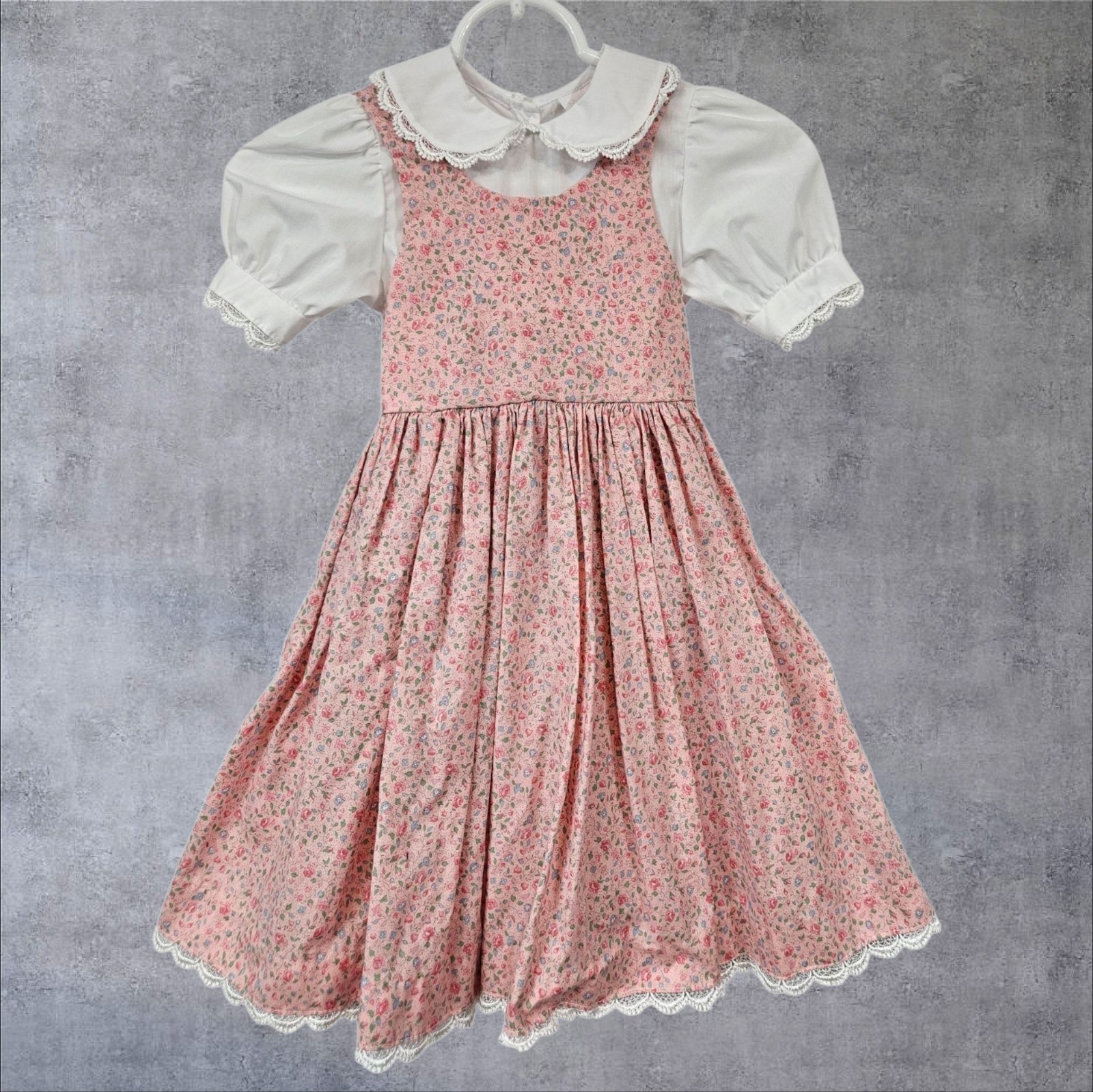 Vintage My Twinn Pastel Pink Floral Prairie Pinafore Dress Size 5 Girls B28