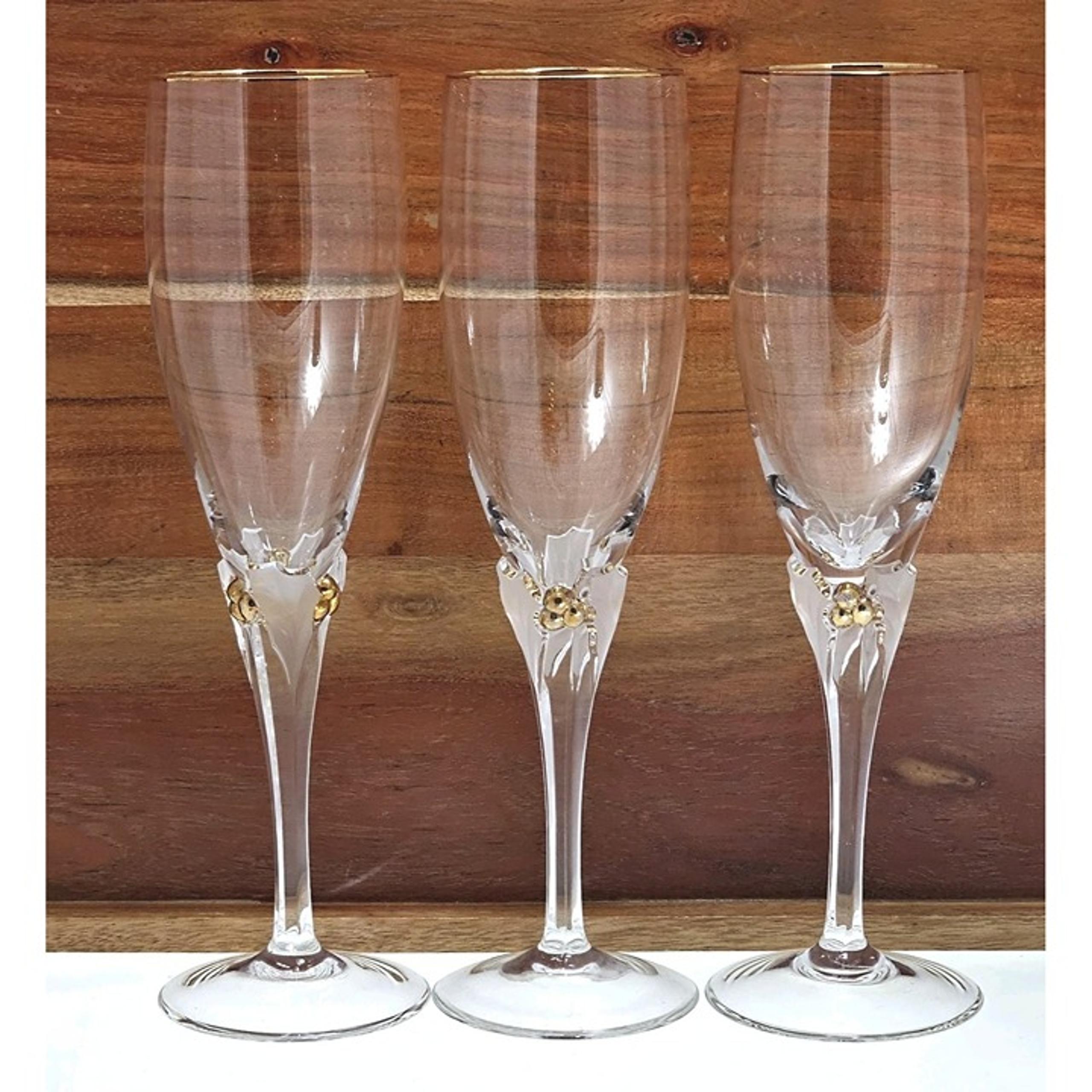 2 Gorham Joy Champagne Flutes 9" Fine Crystal frosted leaves gold berries toasts