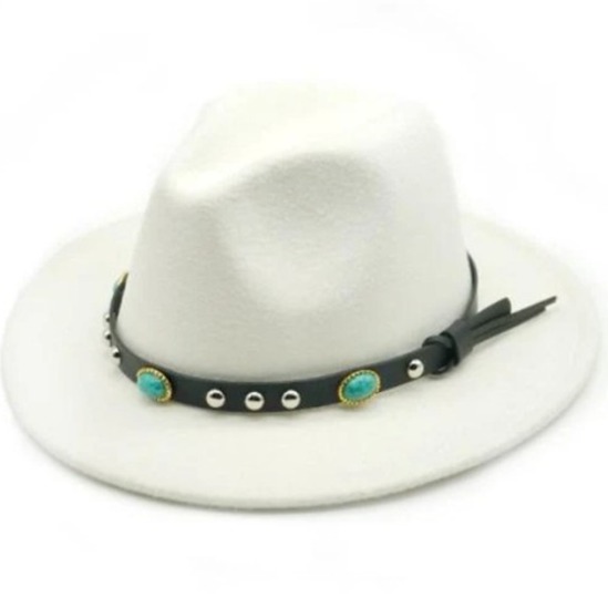 White Wide Brim Fedora Hat Felt Panama Jazz Cap Unisex Men Women,Turquoise Strap