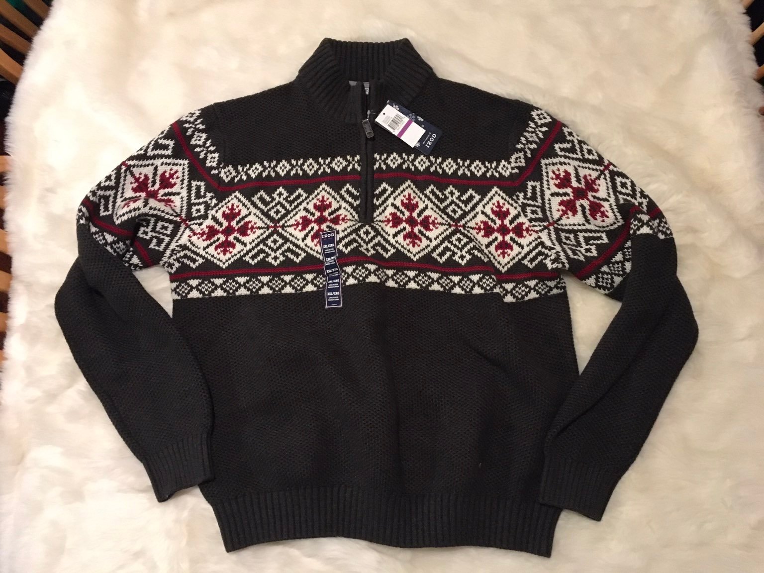 New Izod Charcoal Gray SWEATER Ivory Red Design Mens 2XL