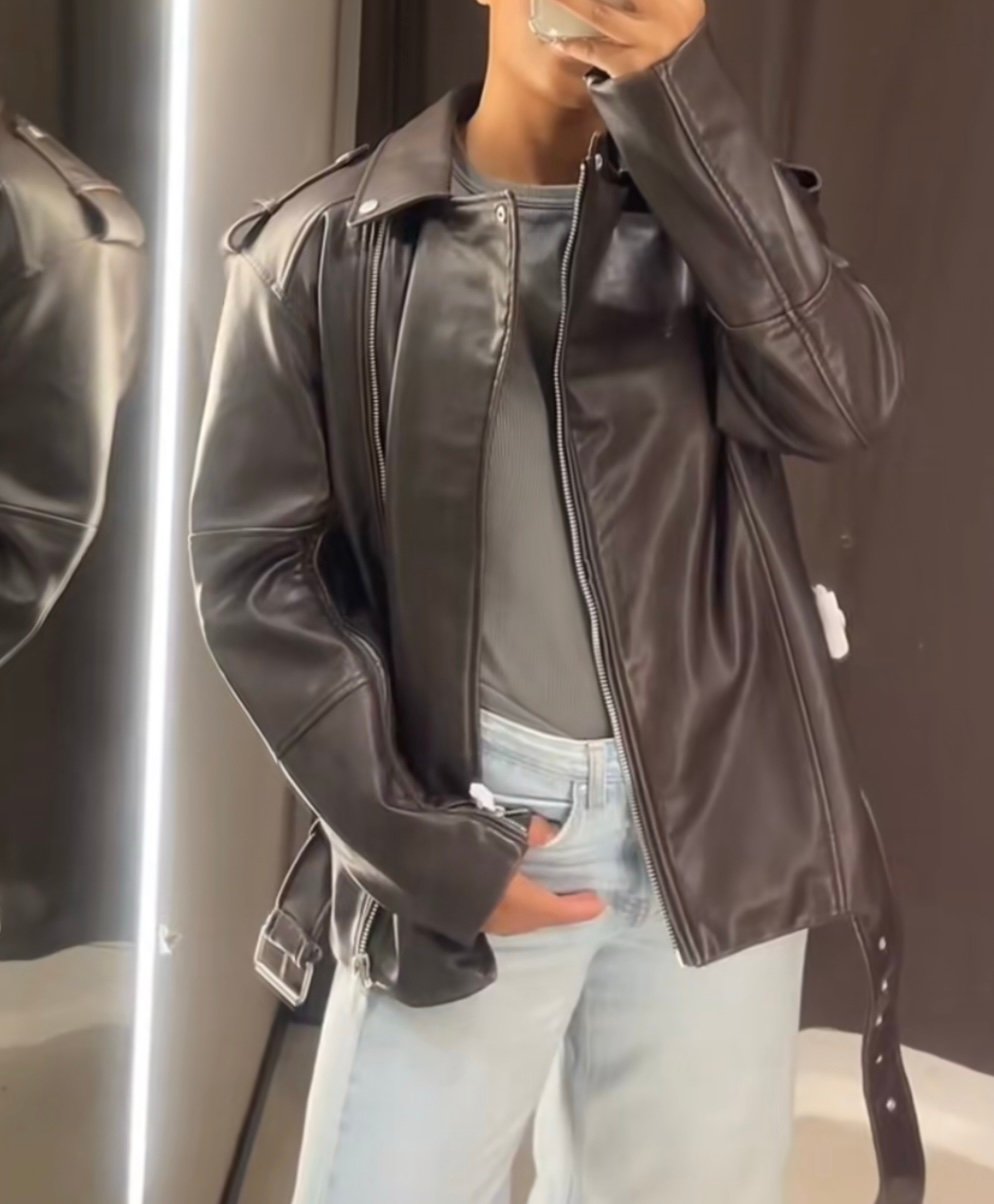Zara Washed Faux Leather Oversized Biker Jacket