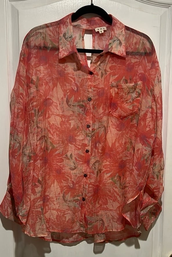 POL Women's oversized Coral Floral Button Down Shirt
