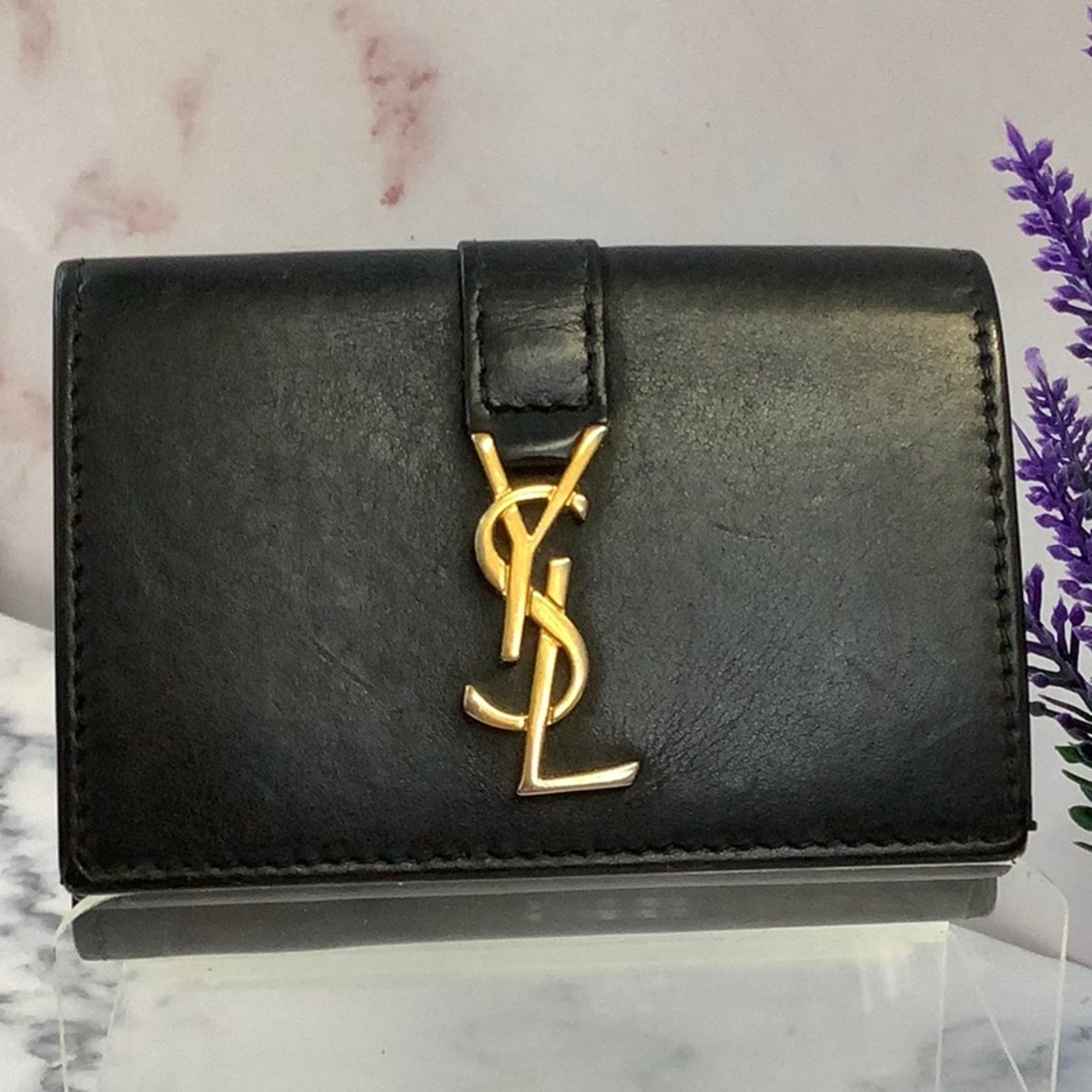 GUC YSL Trifold Black Leather Wallet