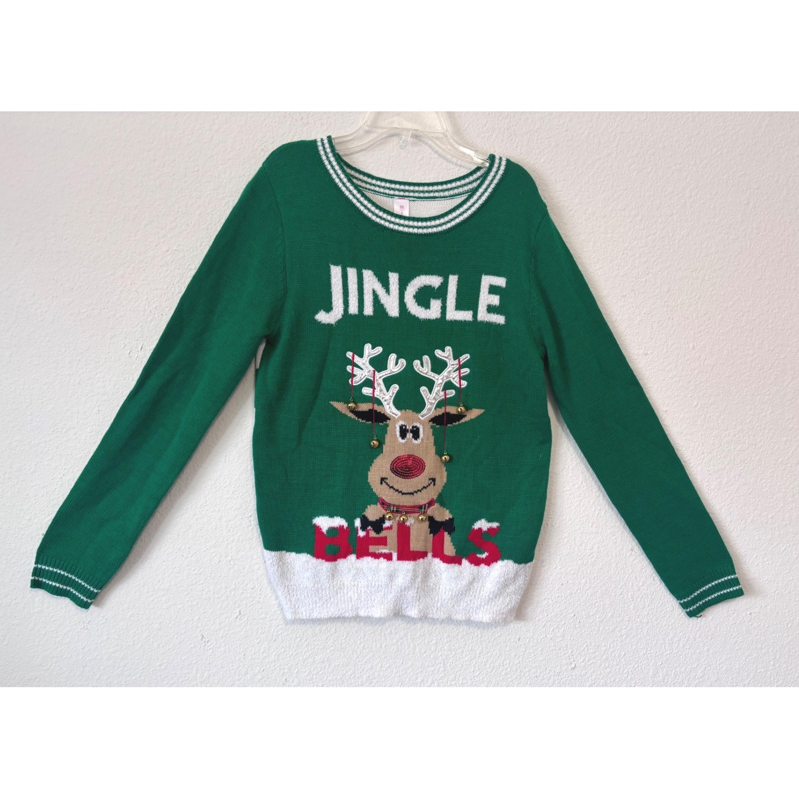 Christmas Sweater Kids Large Jingle Bells Reindeer Green White Holiday - No Boundaries