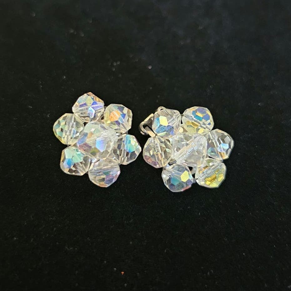 Vintage Aurora Borealis Cluster Beaded Clip-on Earrings