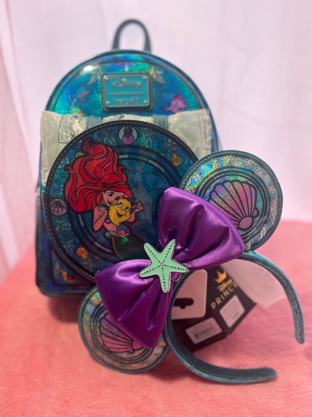 NWT Loungefly The Little Mermaid Disney Princess Stained Glass Bag & Ears