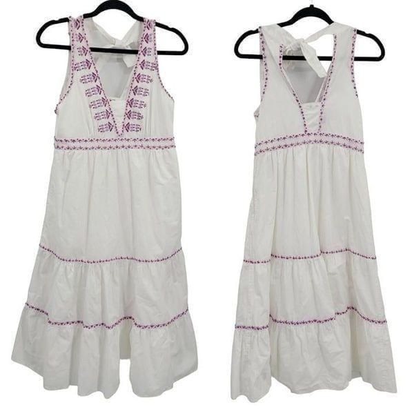 Anthropologie Dress Selena Cotton Embroidered Tiered Swing Akemi + Kin White S