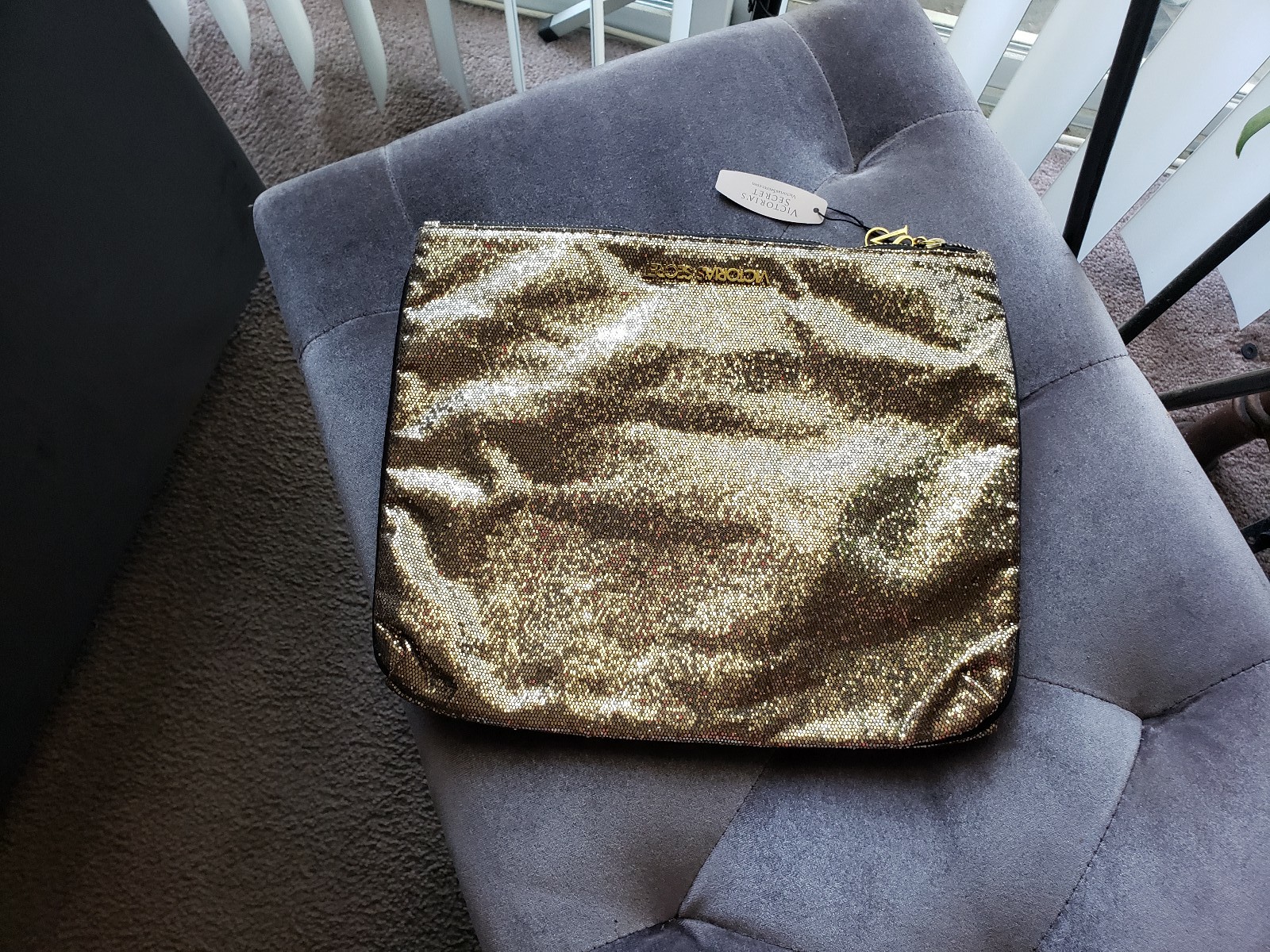 Victoria Secret Gold Glitter Makeup Cosmetic Bag Purse Fold Over Clutch