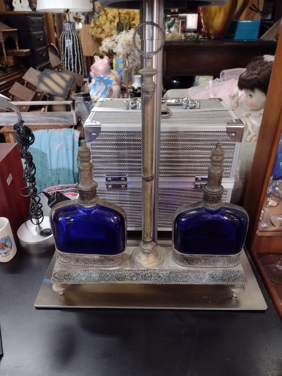 Vintage Blue Glass Bottle with Ornamental Metal Cap and Trim