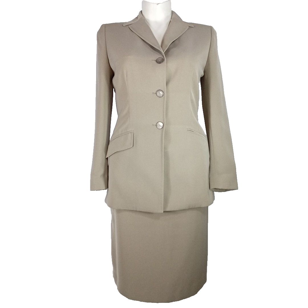 Le Suit 2 Piece 10 Taupe Tan Straight Skirt 3 Button Long Sl Jacket Lined