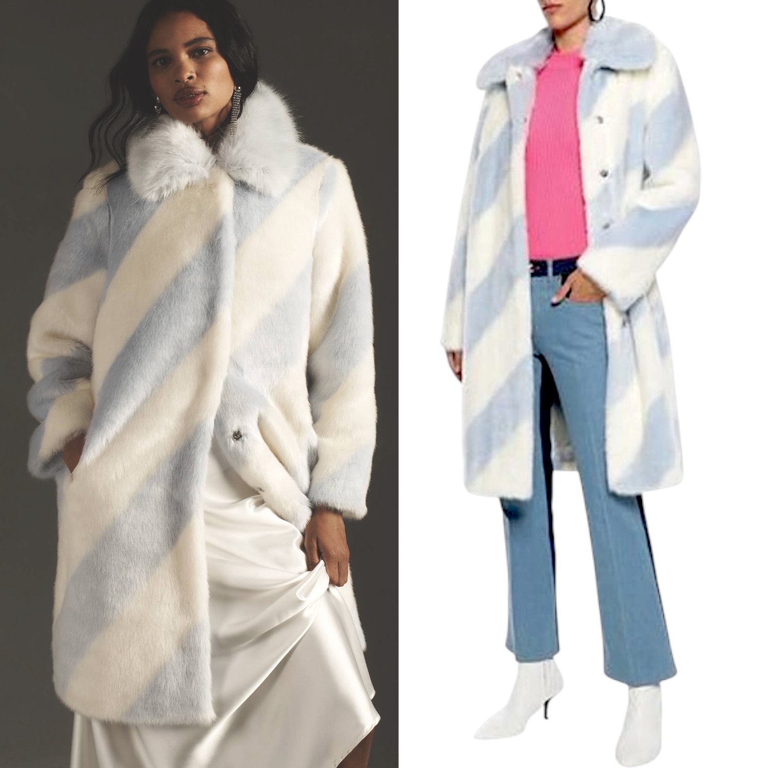 ANTHROPOLOGIE MAEVE Stripe Faux Fur Coat Whimsical Gorpcore Ice Queen Blue Ivory