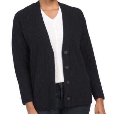 Vince Wool Cashmere Shaker Fisherman Rib Cardigan Womens Buttons V-Neck Navy XL