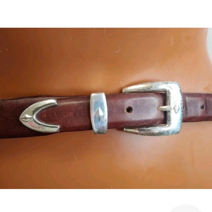 Brighton P3507 Brown Leather Belt Adult Sz 38 Diamond Stud Inlay Silver Buckle