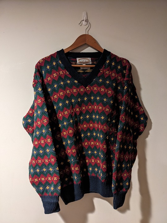 Vintage Green Mountain Blue Green Red Large Knitted Sweater