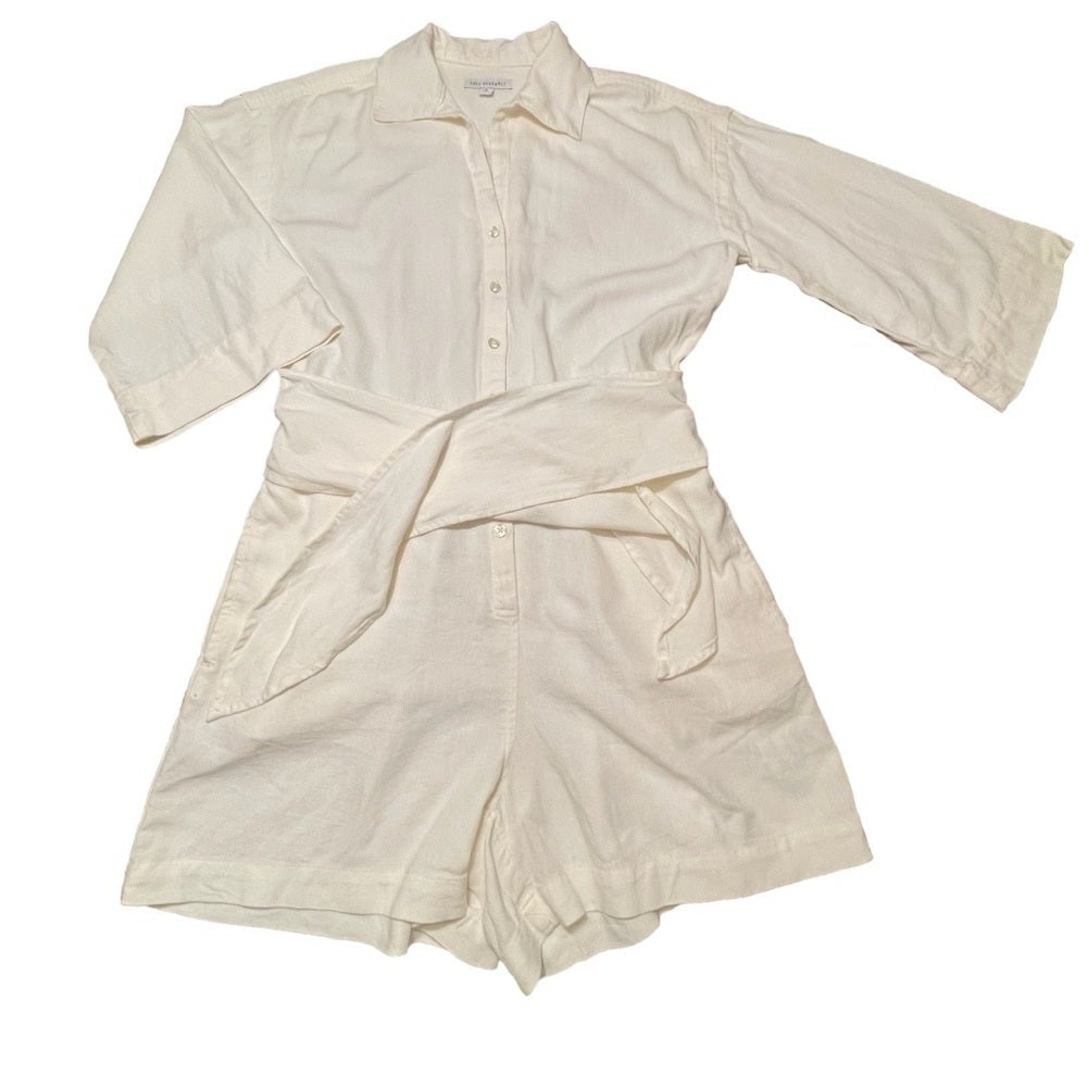 Free Assembly cream linen blend shorts romper jumpsuit belt button front Sz S