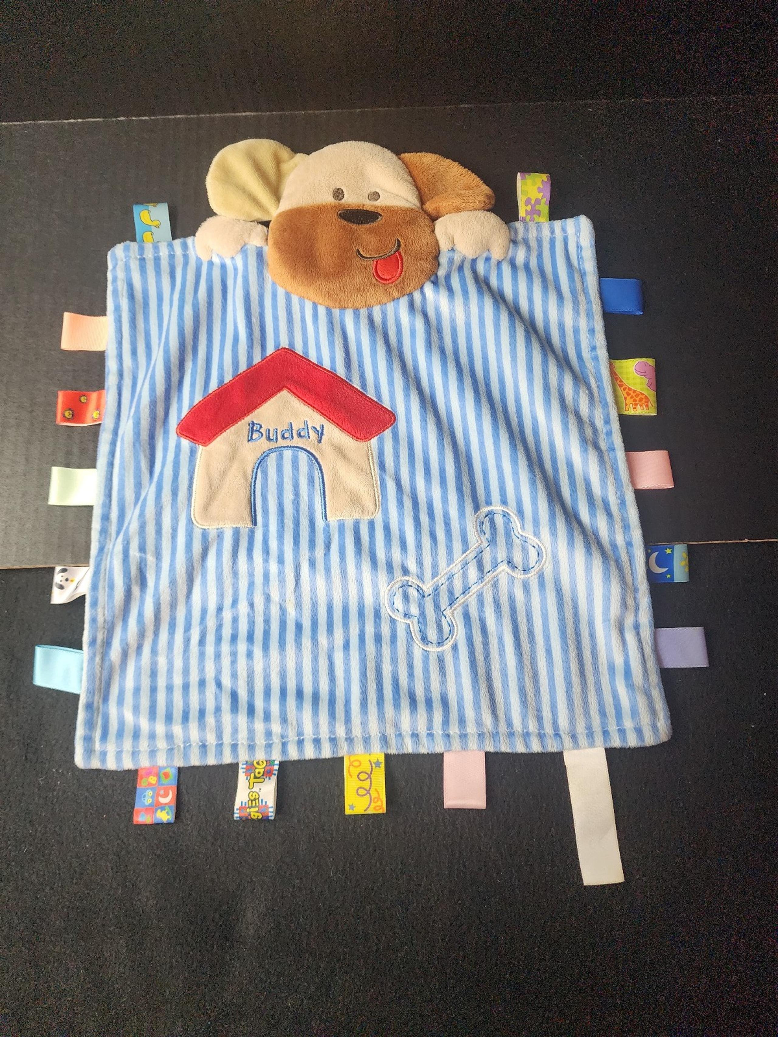 Taggies Peek A Boo Puppy Dog Plush Blue Baby Striped Security Blanket Lovey