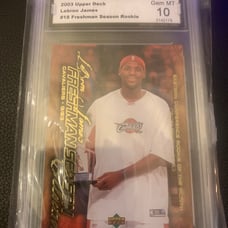 2003 upper deck, LeBron James rookie card number 18 guess one happy