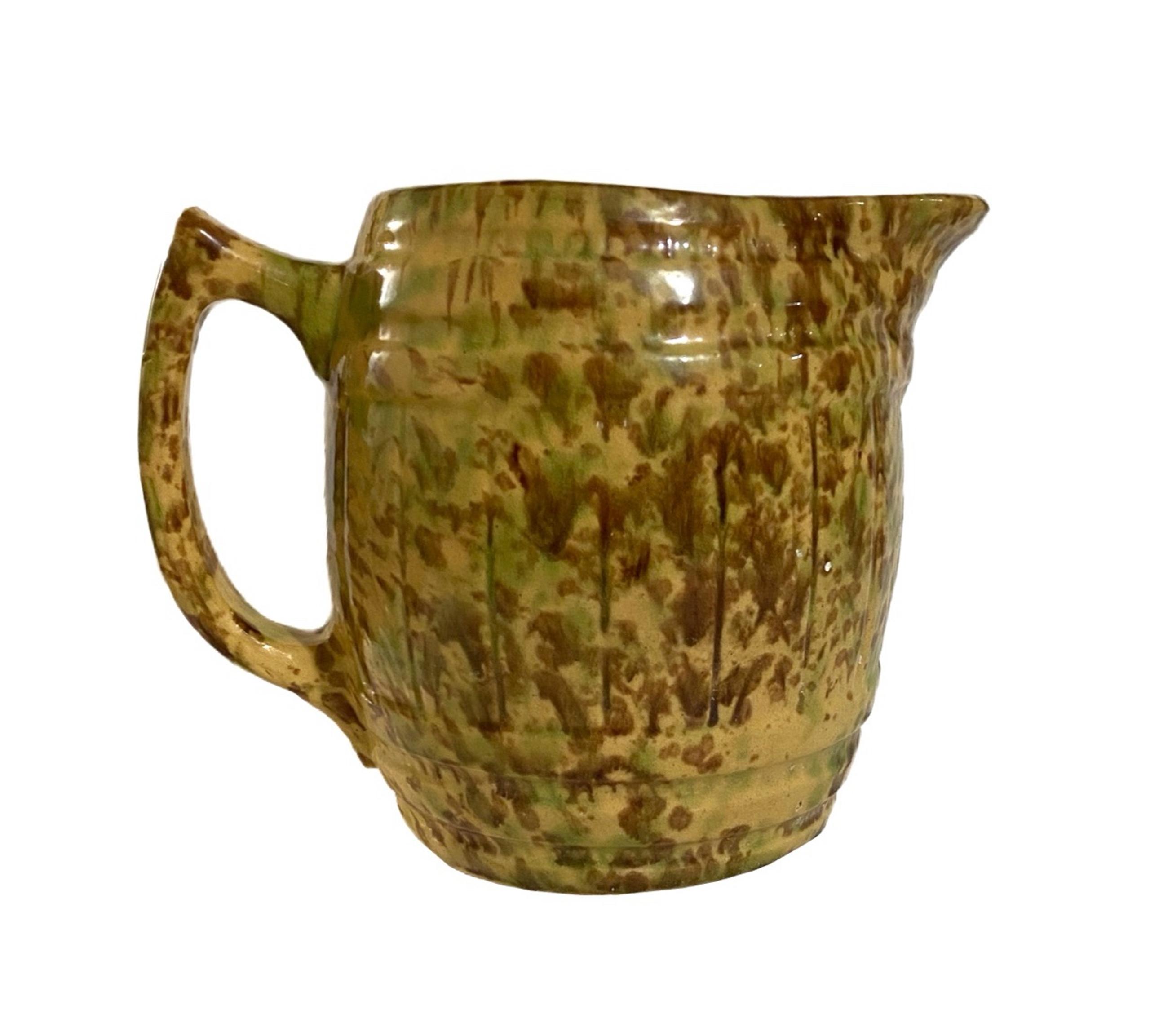 Antique Morton Pottery Spongeware Yelloware Brown & Green Barrel Pitcher