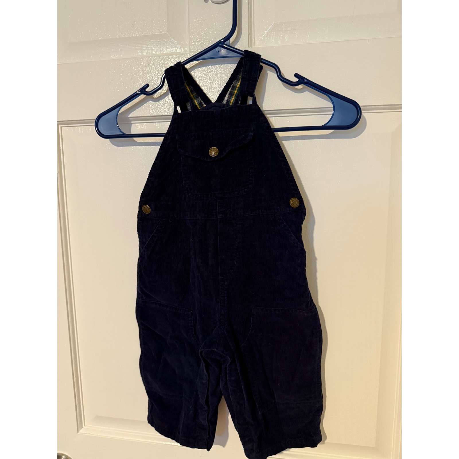 Ralph Lauren Baby Corduroy Overalls 12-18M Navy Blue Plaid Accents Cute