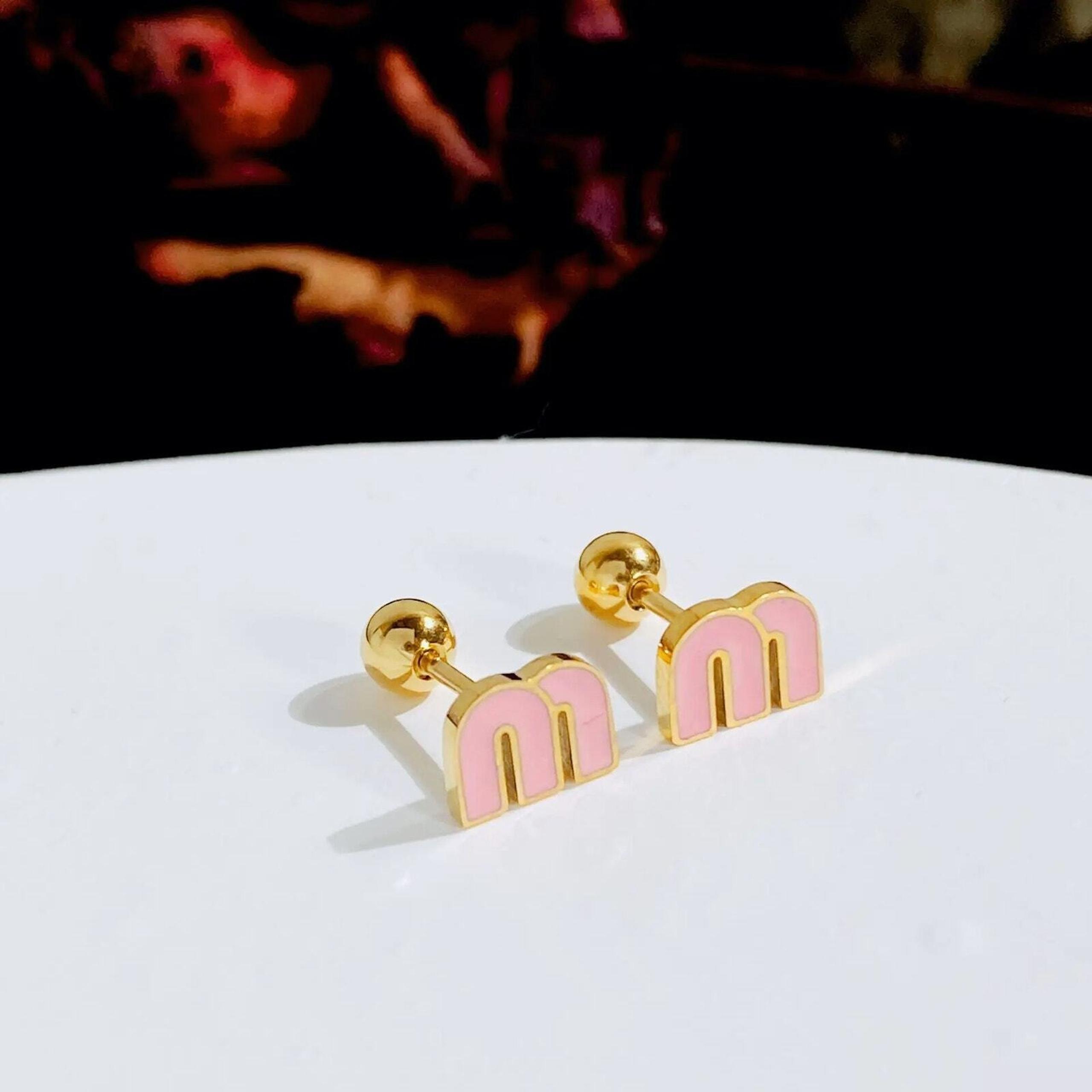 Dainty Pink Letter M Charm Stud Earrings Stianless steel - The Unbranded Brand