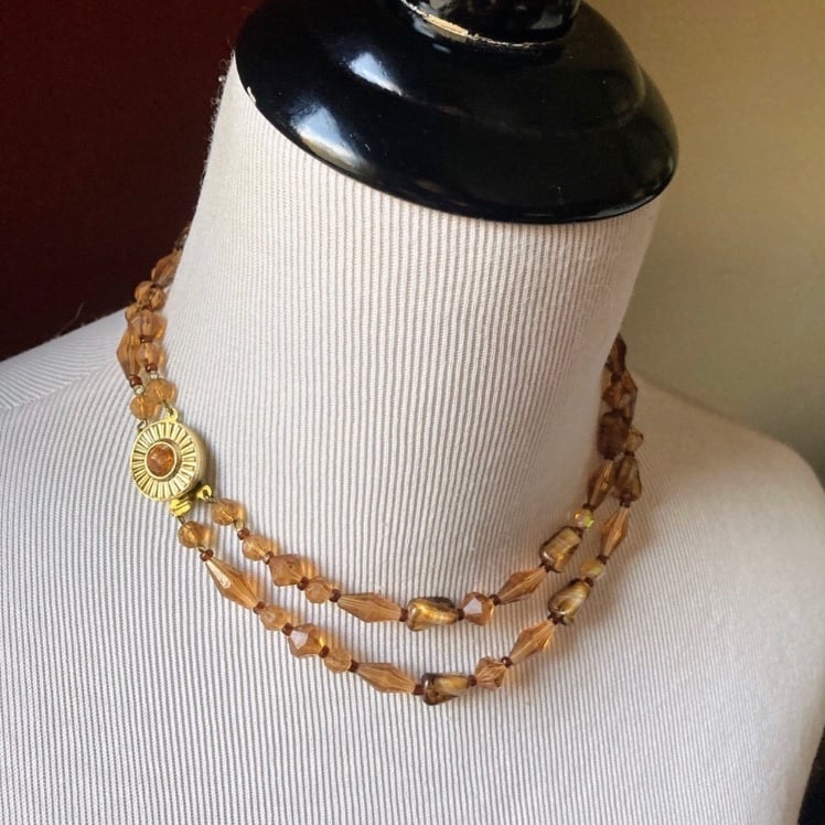 Vintage 50s 60s West Germany Amber Colored Glass and Lucite Beads Necklace