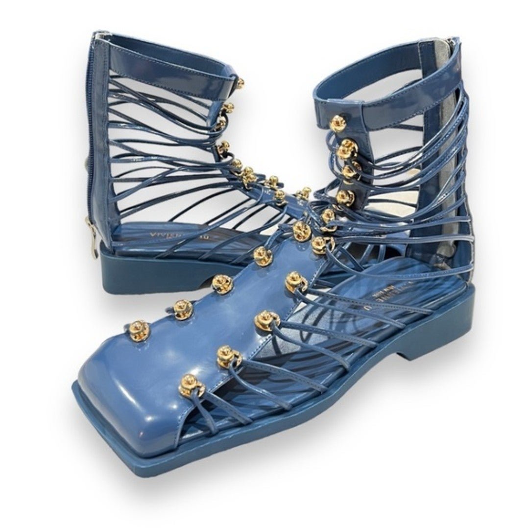 VHNY Vivienne Hu Studded Leather Straps Ankle Boots in Cobalt Blue 7
